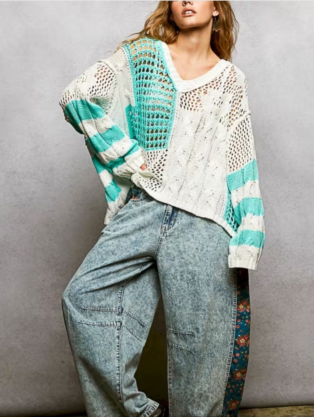 NS75. POL Women's Boho Crochetì V-Neck Sweater in White and Mint - Picture 2 of 4